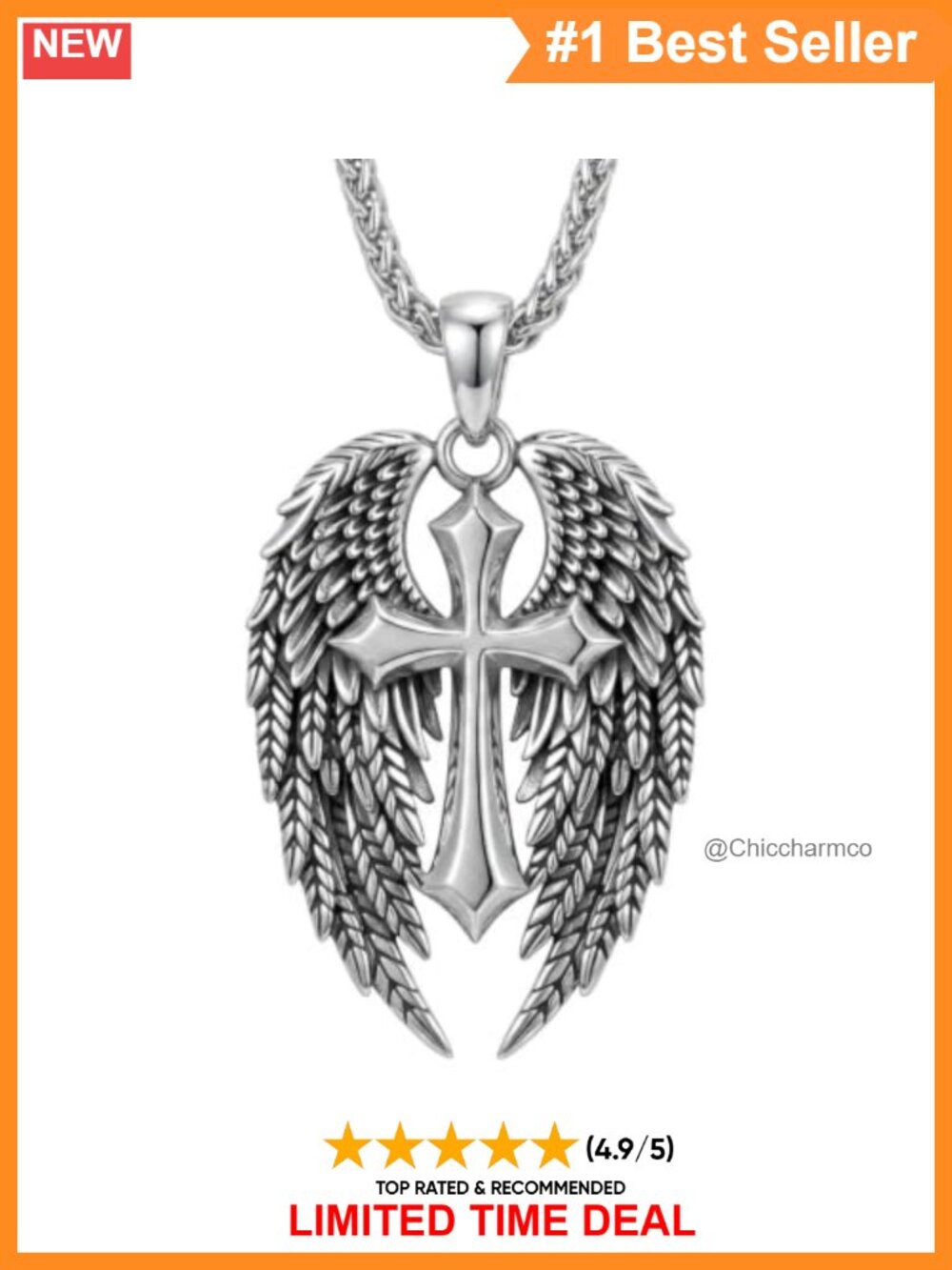 Sterling Silver Angel Wing Cross Necklace Men's 22 Inch